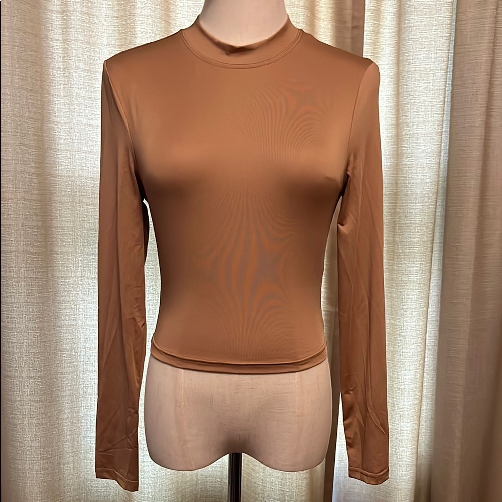 Brown Fitted Mock Turtle Neck Casual Long Sleeve Womens Small